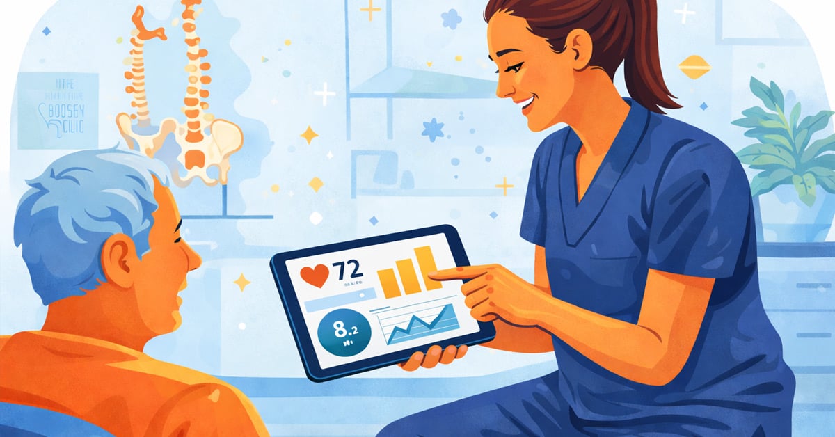 Physiotherapist and patient reviewing digital health data on a tablet